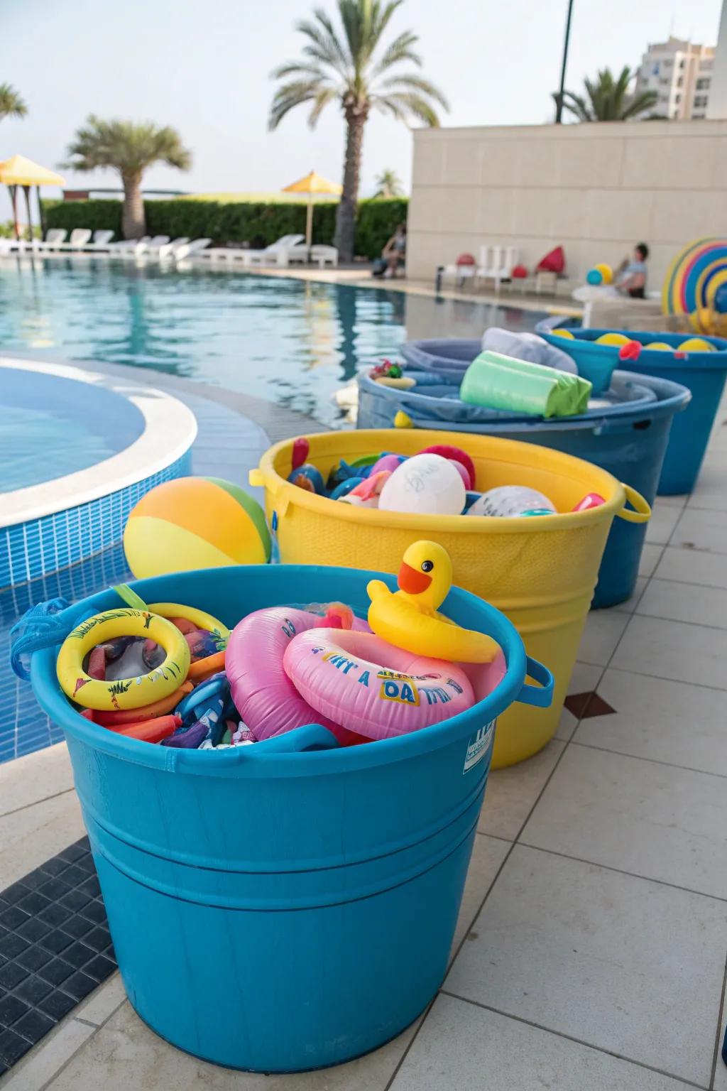 Buckets offer simple and effective storage for pool items.