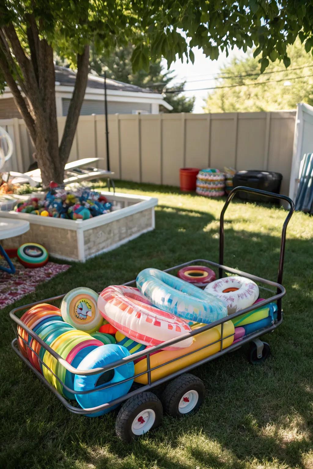 Rolling carts provide mobile storage for poolside convenience.