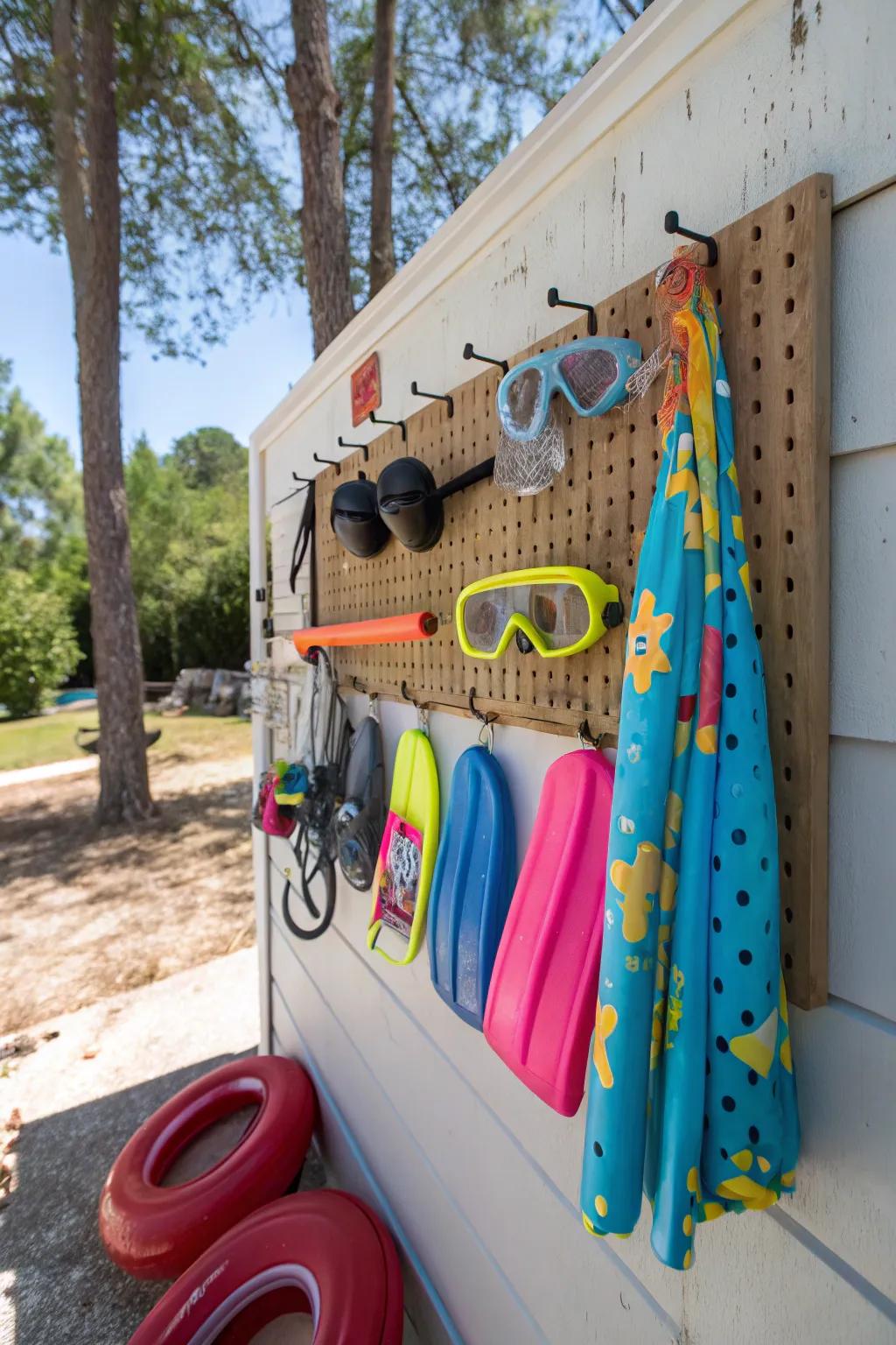 Pegboards offer customizable storage for pool accessories.
