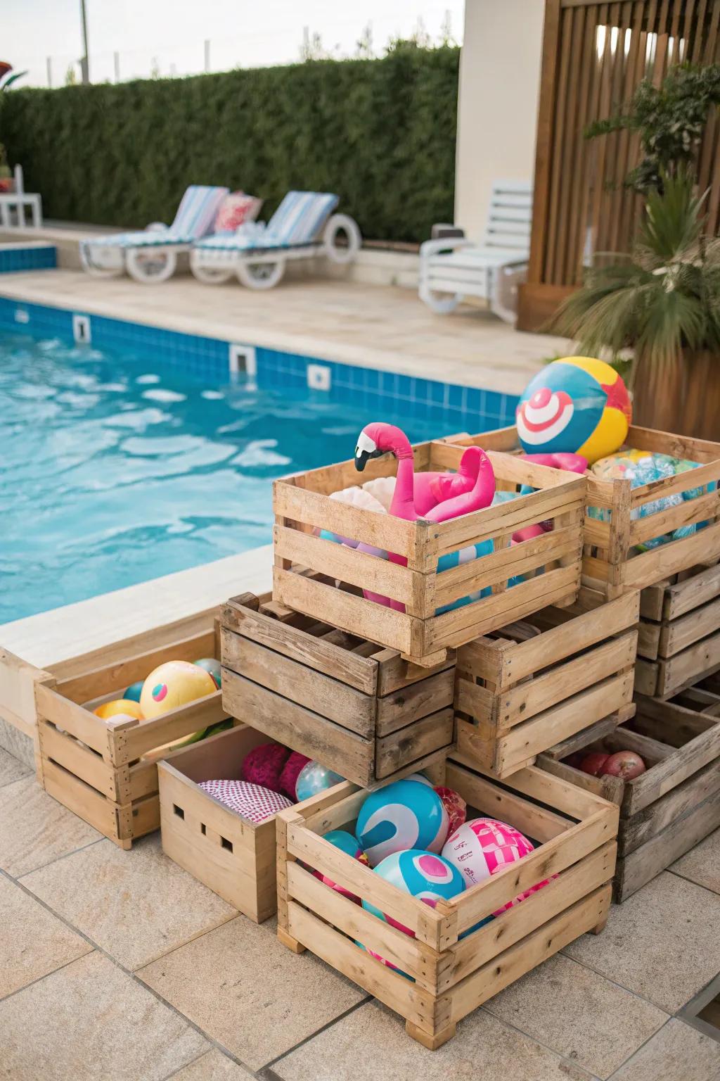 Wooden crates offer modular and rustic storage solutions.