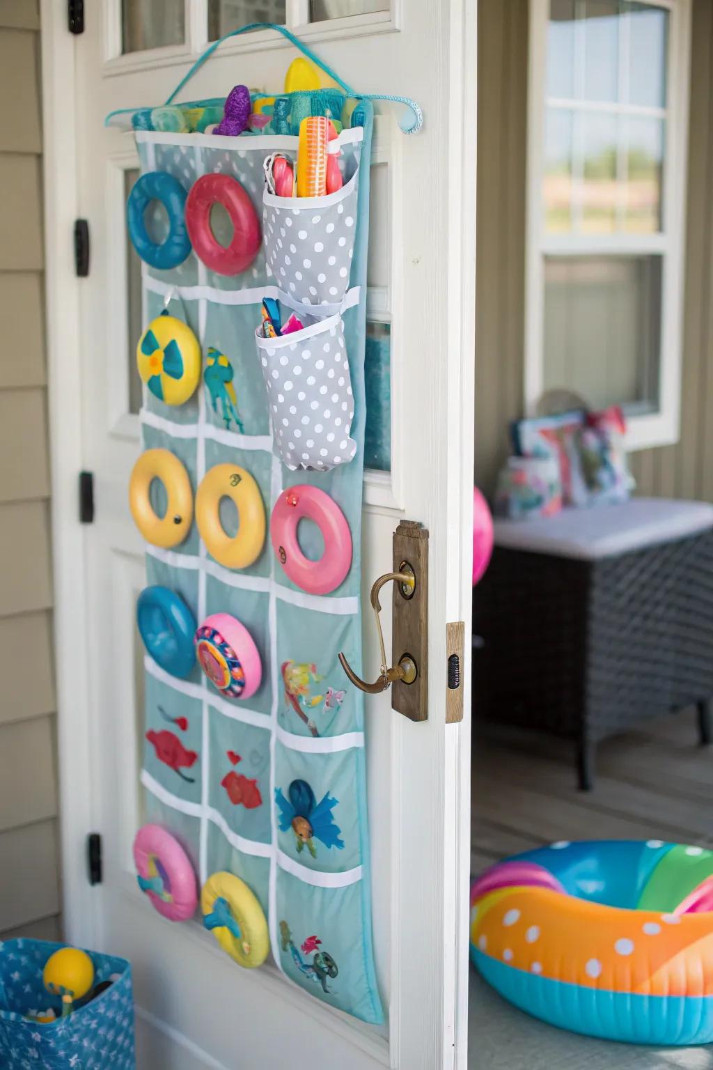 Shoe organizers maximize vertical storage space for pool items.