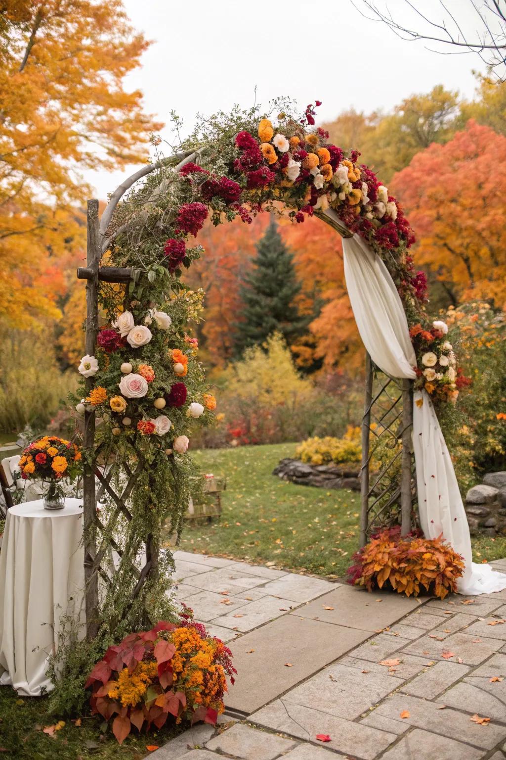 An arch draped in floral elegance, perfect for a fall wedding.