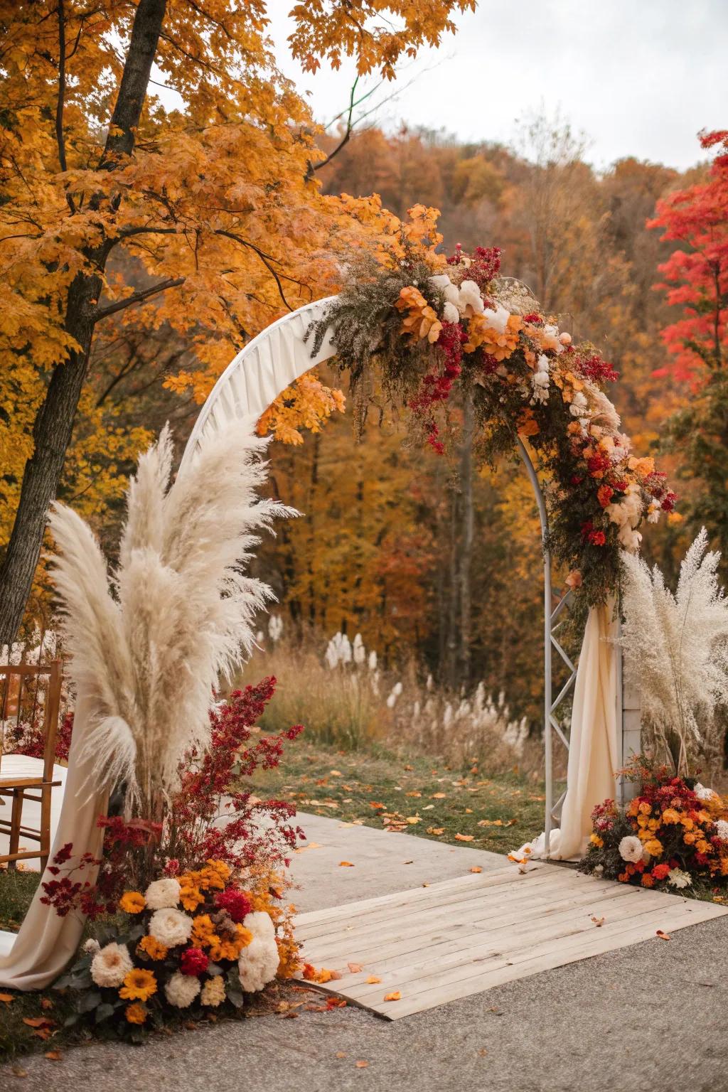 Pampas grass adds a textural element to this fall wedding arch.