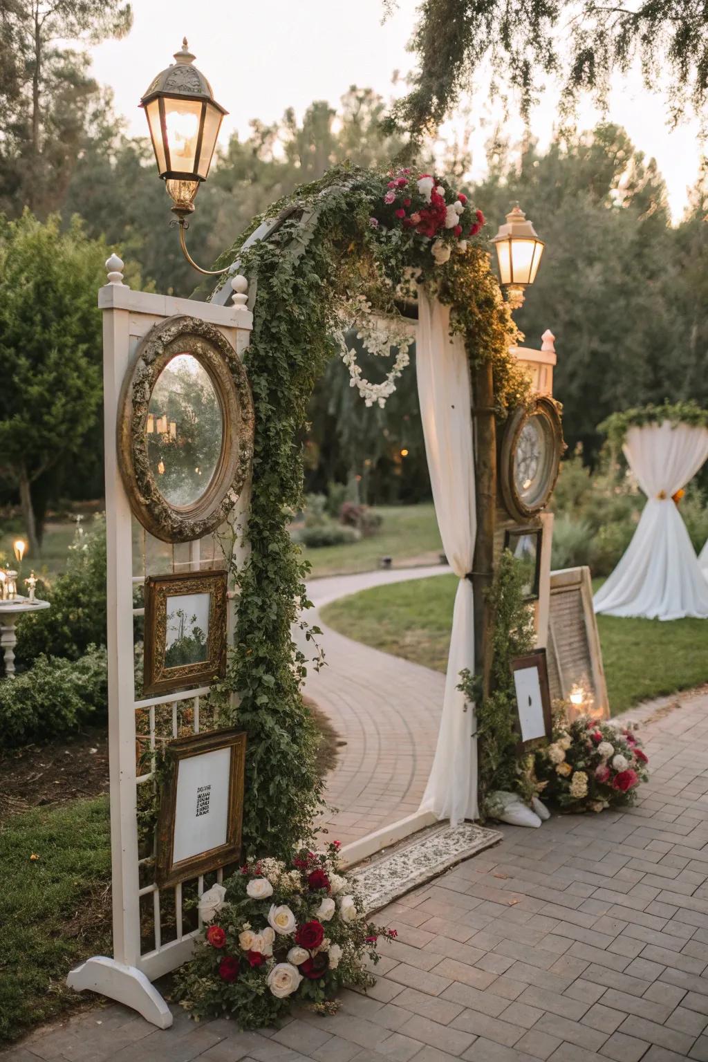 Vintage elements lend a nostalgic charm to this wedding arch.
