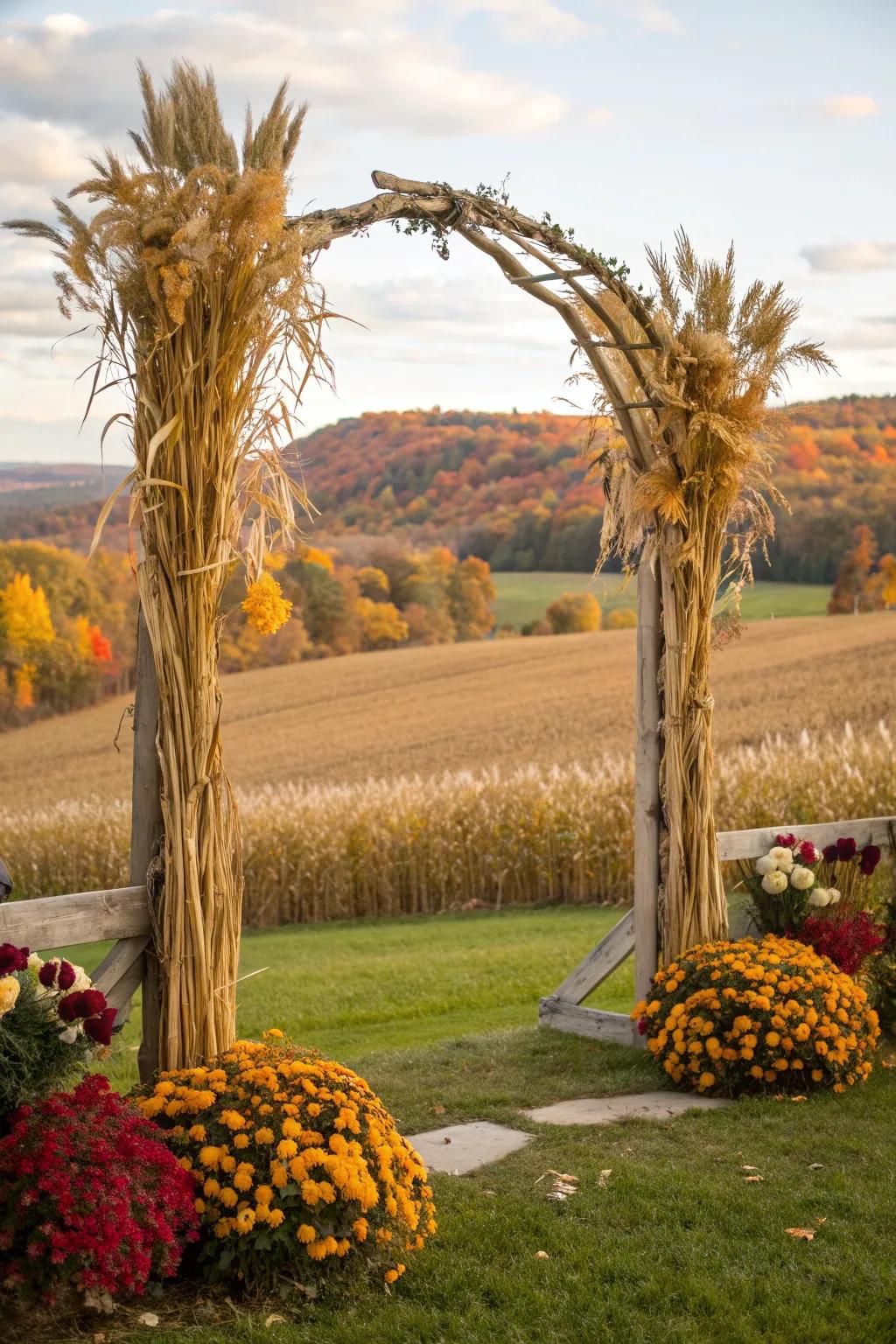 Harvest-inspired decor brings a seasonal touch to this arch.