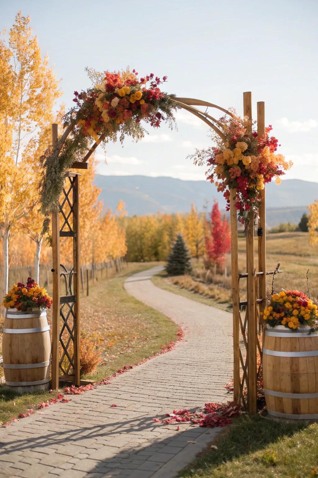 A modern-rustic arch that beautifully blends different materials.