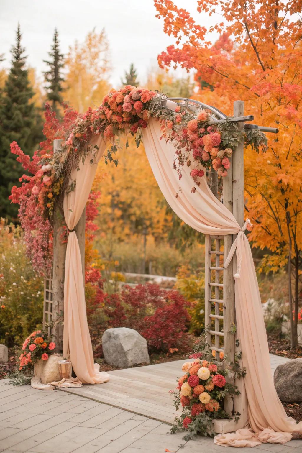 Unexpected colors bring a refreshing twist to this fall arch.
