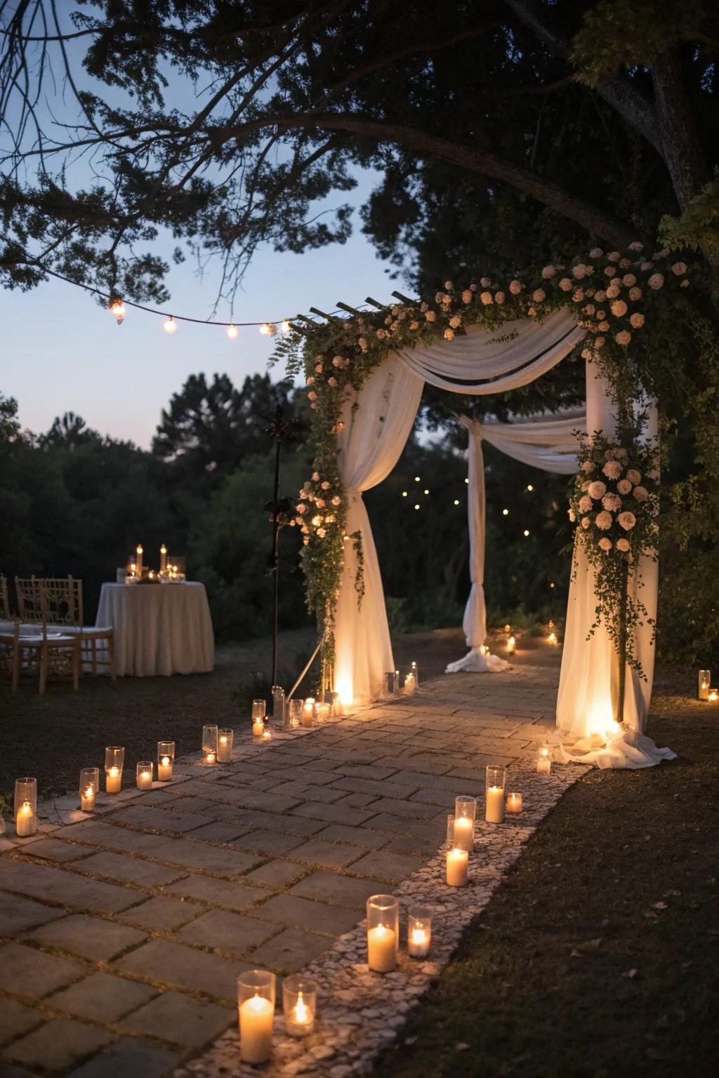 Candlelight adds a romantic glow to this evening wedding arch.
