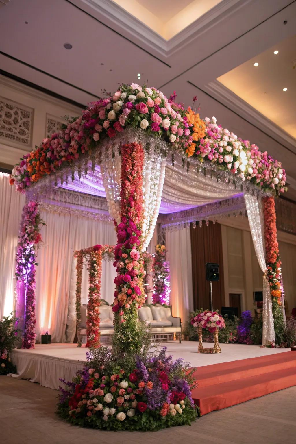 A stunning floral wonderland mandap bursting with color and fragrance.