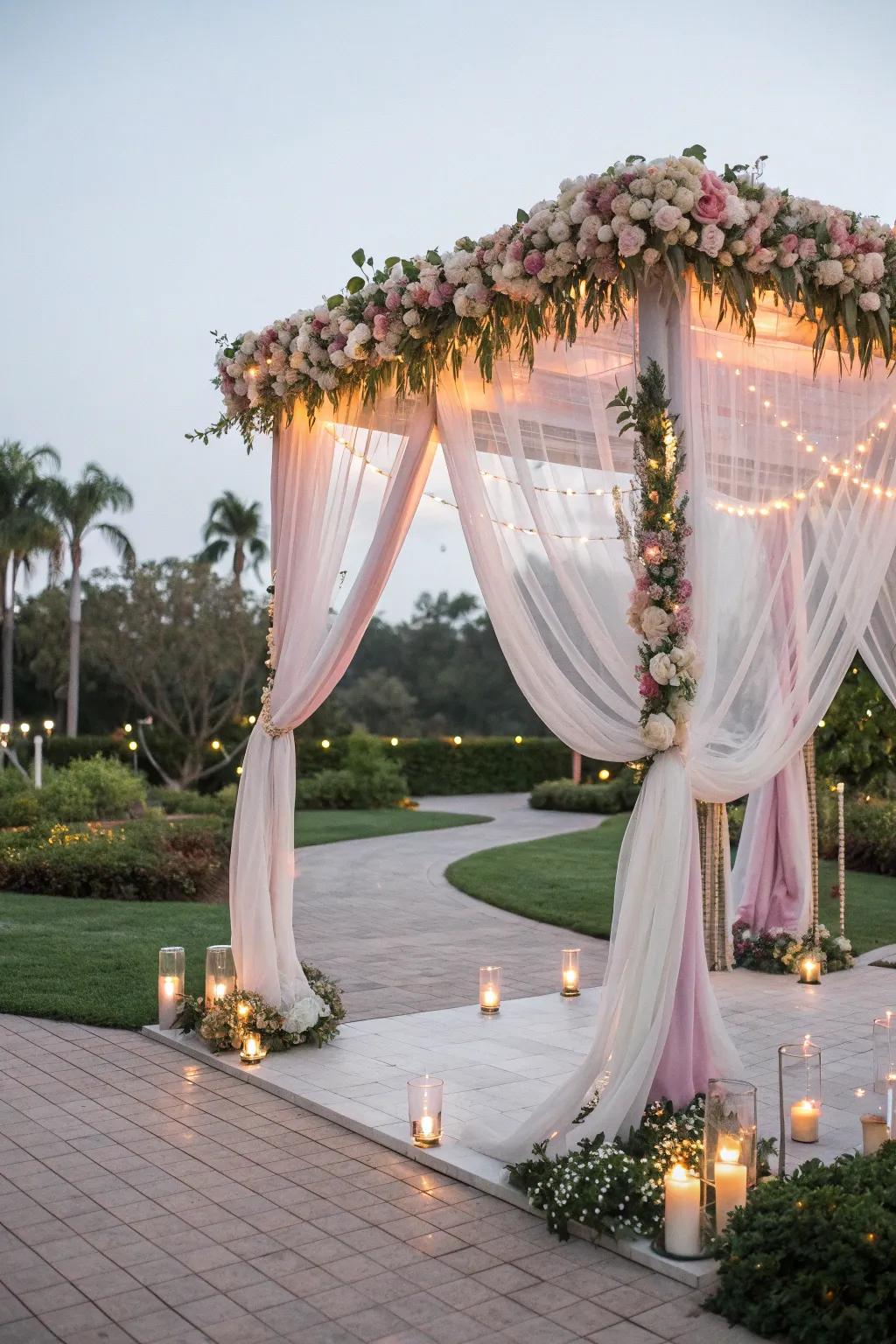Sheer elegance with flowing drapes creating an ethereal mandap setting.