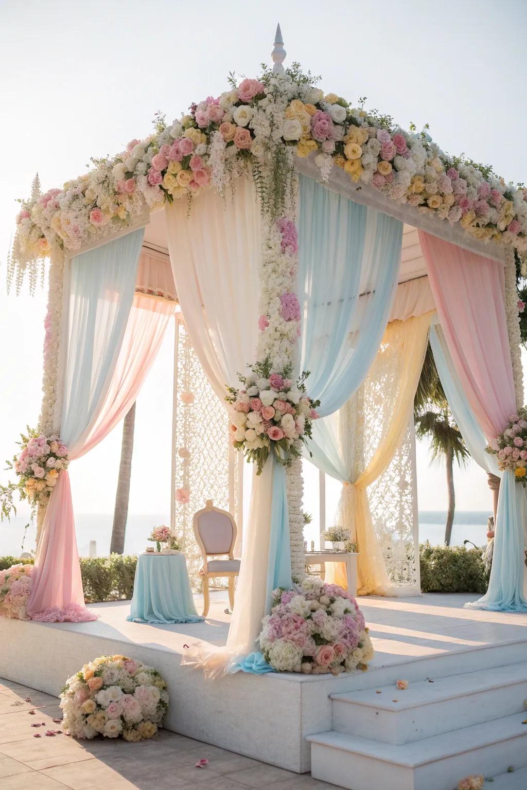 Pastel perfection in a serene and sophisticated mandap setting.