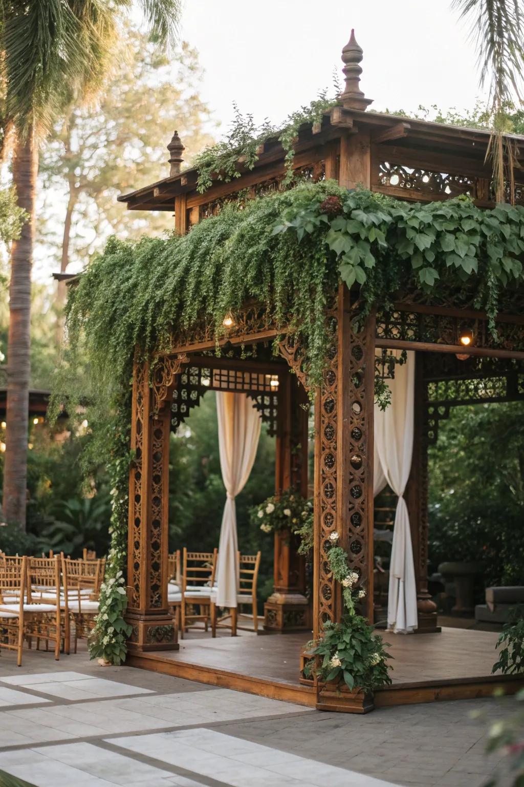 Nature's embrace with wood and greenery in a rustic mandap.