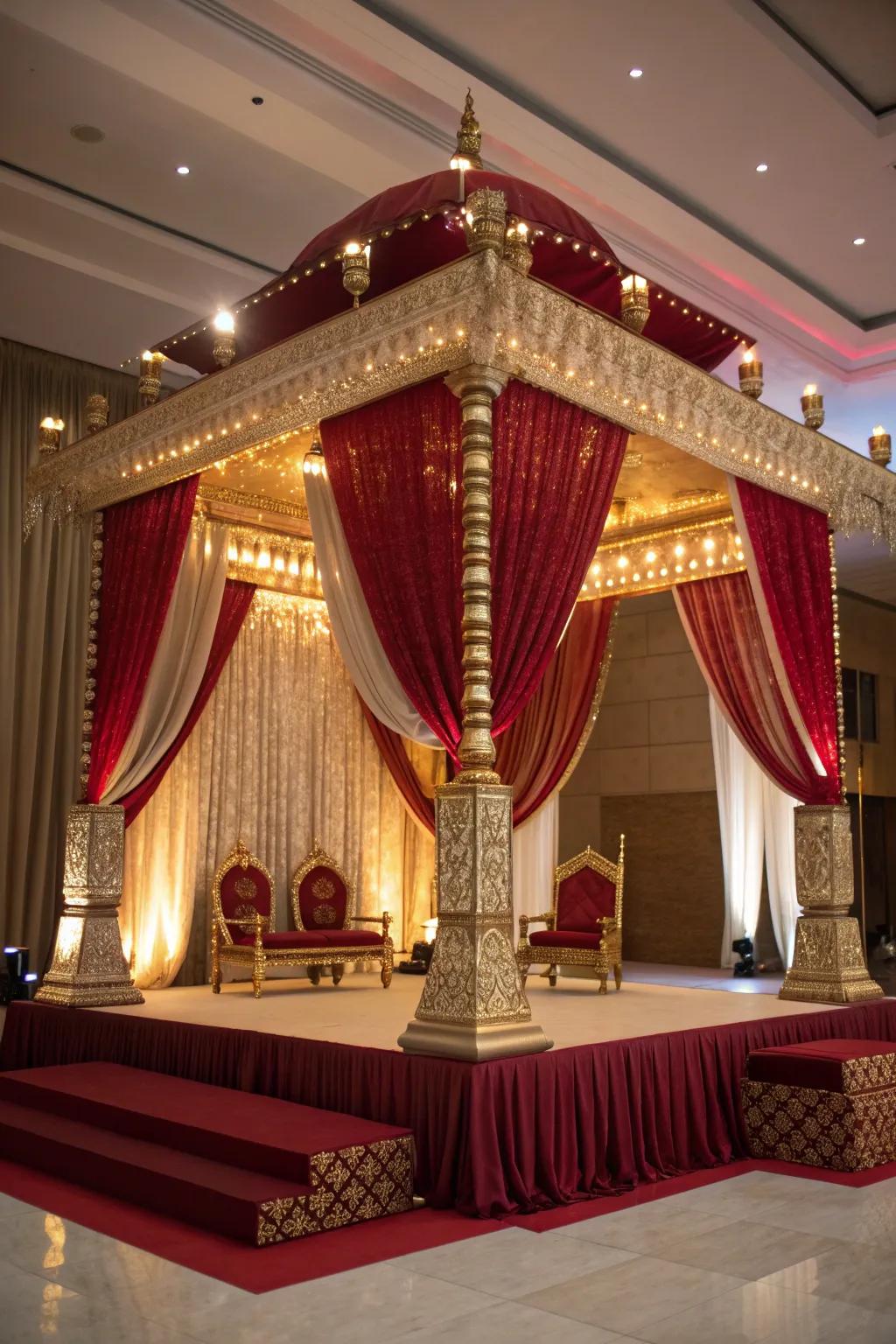 A royal canopy creating a majestic mandap setting.