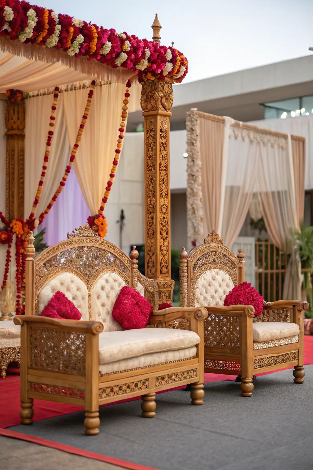 Stylish seating adding comfort and elegance to this mandap.