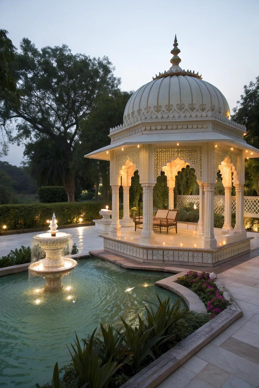 Water features enhancing the peaceful ambiance of this mandap.