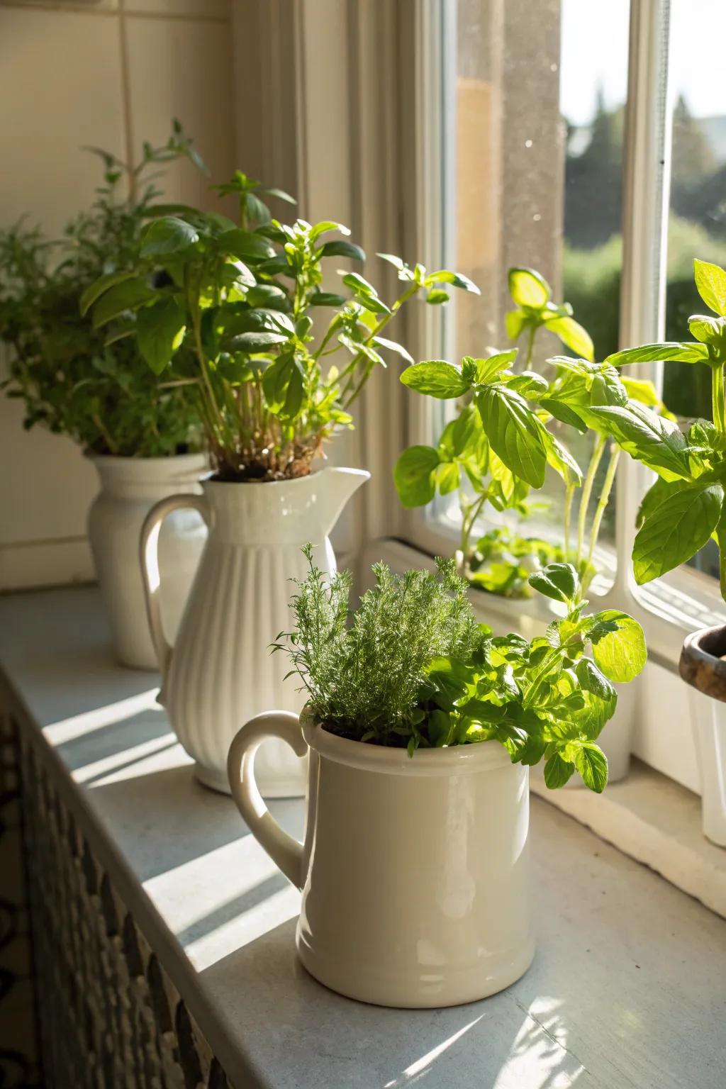 Fresh herbs growing in upcycled milk jug planters on a cozy kitchen windowsill.