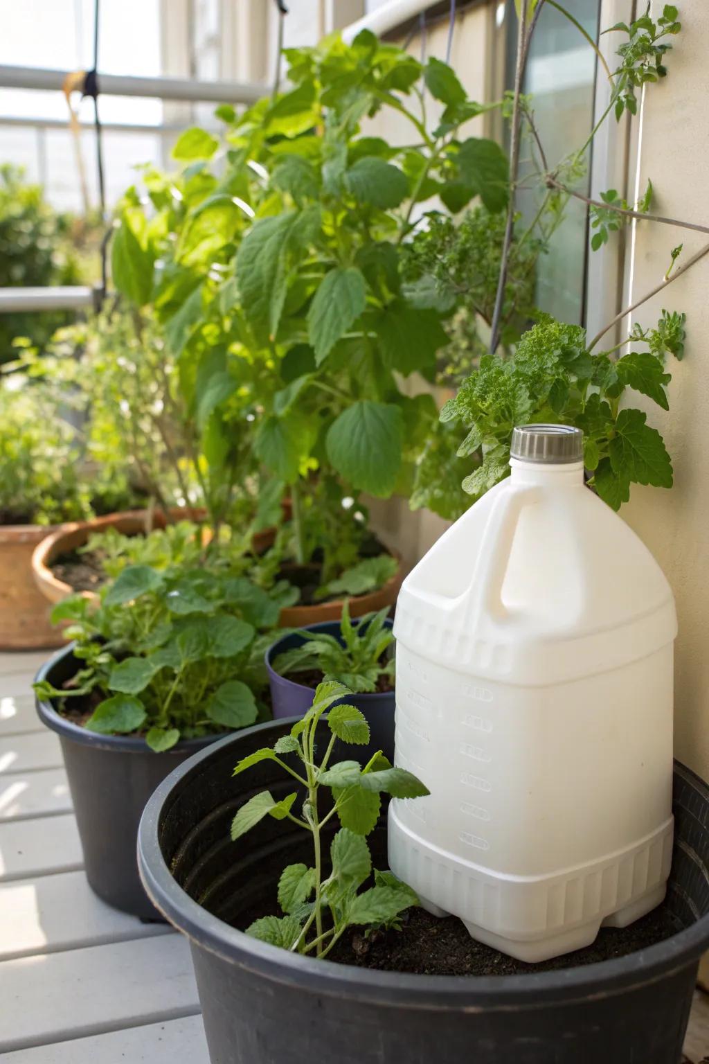 Innovative self-watering milk jug planter ensuring plants stay hydrated.