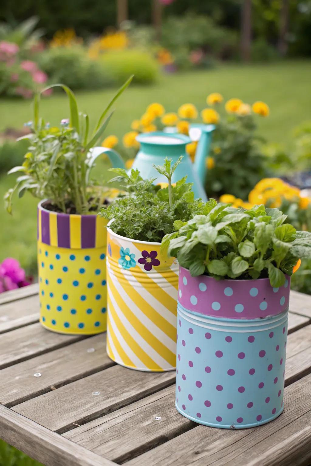 Vibrant painted milk jug planters bringing color to any garden space.