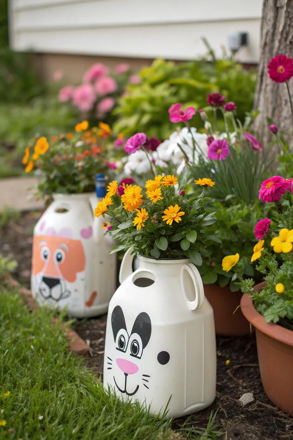 Adorable animal face planters bringing joy to any garden.