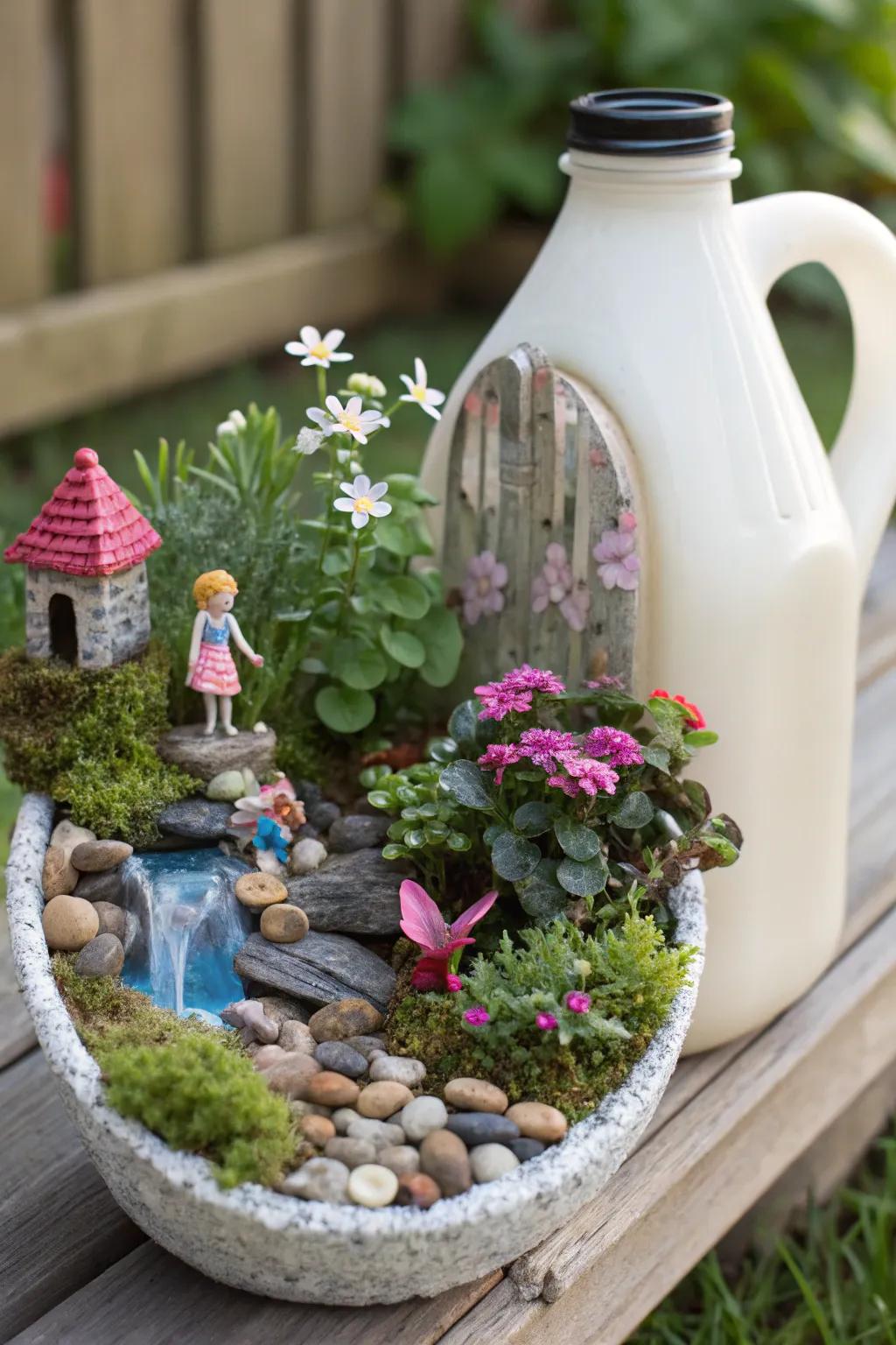 Magical fairy gardens nestled inside upcycled milk jug planters.