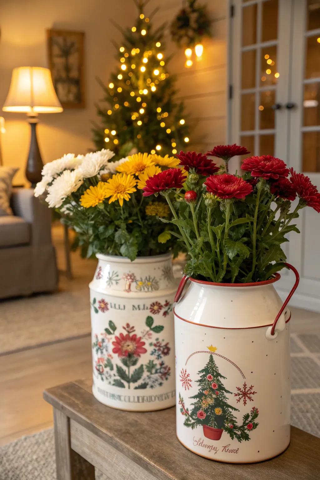 Seasonally themed milk jug planters adding festive flair to any garden.