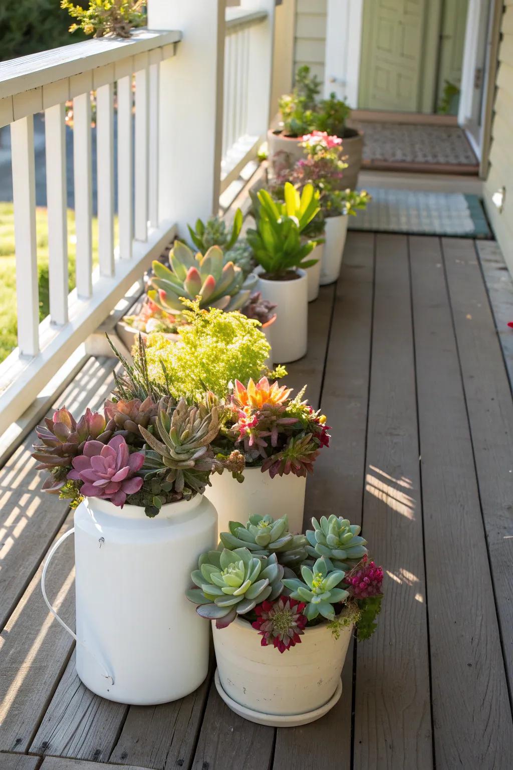 Chic mini succulent gardens flourishing in upcycled milk jugs.