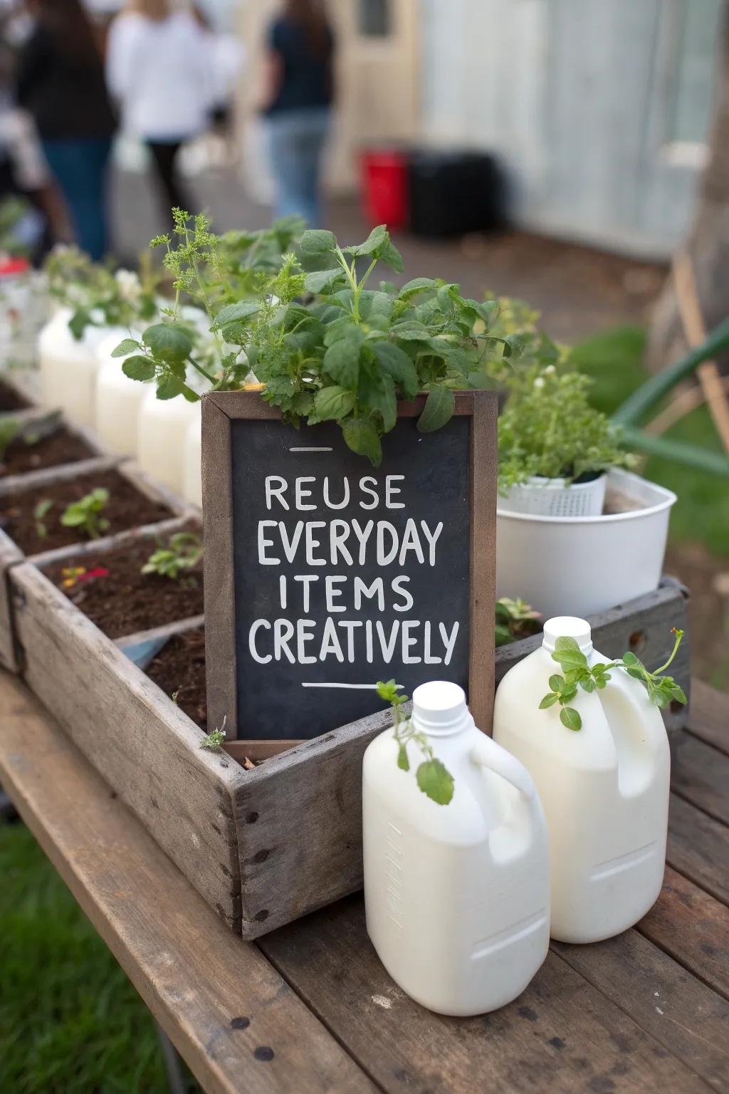Eco-friendly milk jug planters advocating for greener practices.