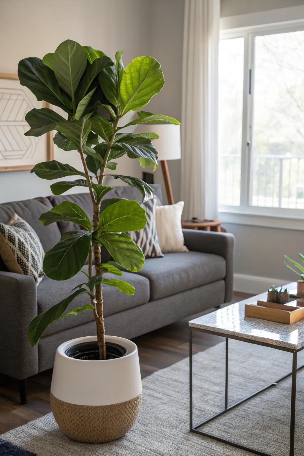 A living room corner enriched with a majestic fiddle leaf fig.