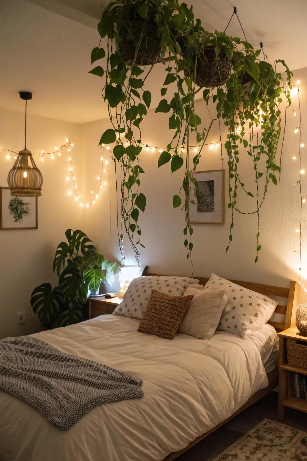 A peaceful bedroom adorned with trailing pothos plants.