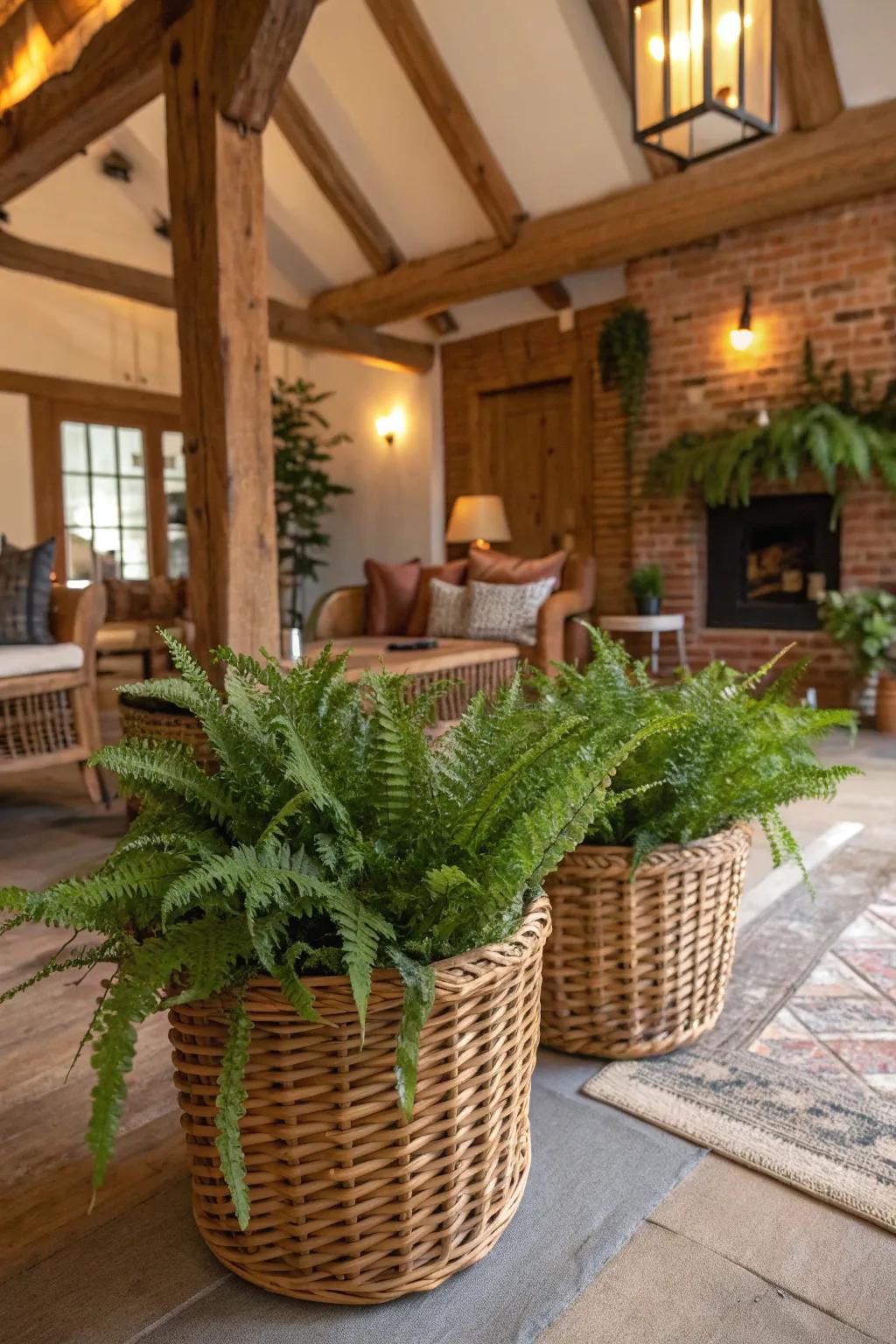 Ferns planted in wicker baskets add a rustic touch.