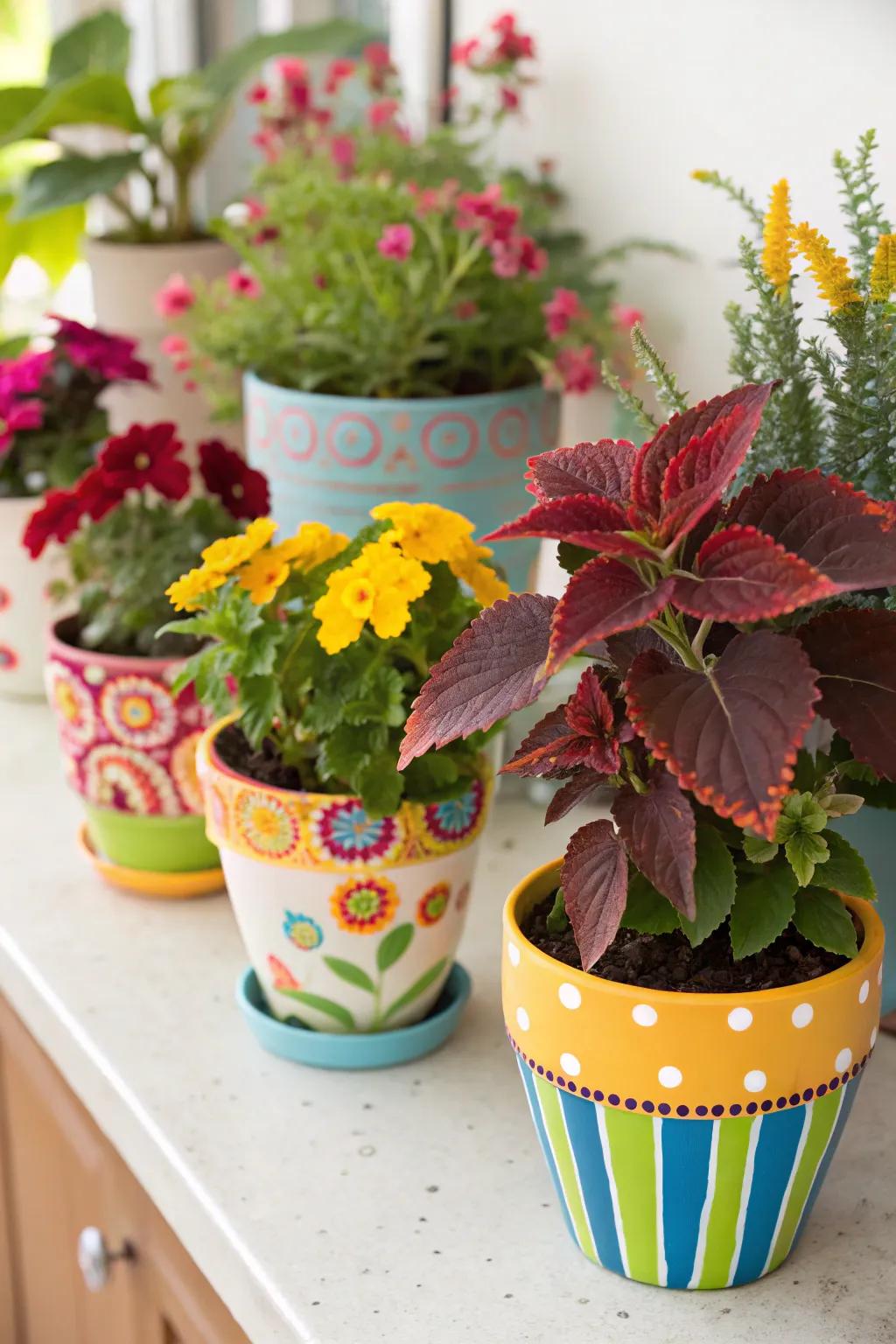 Artistic pots bring life to simple green plants.