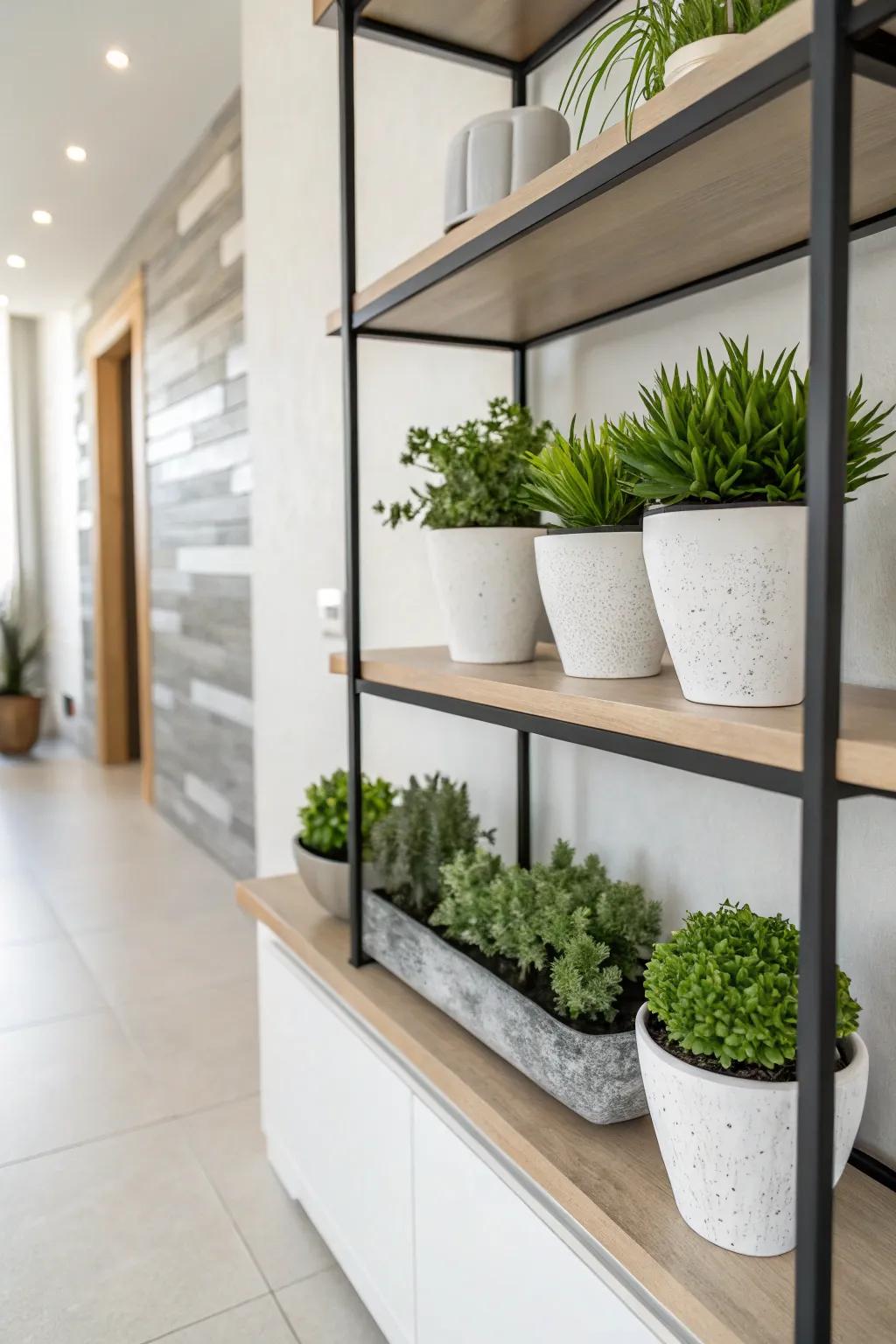 Minimalist aesthetics enhanced with small, tidy plants.