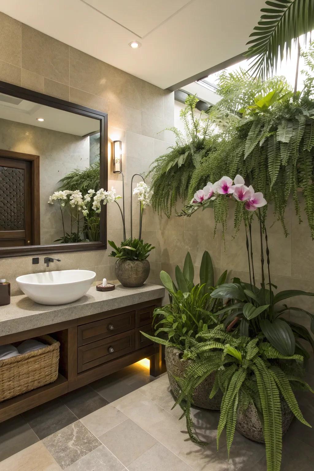 Humidity-loving plants turn a bathroom into a relaxing spa.