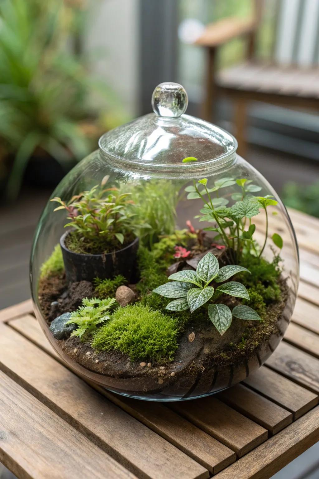 A whimsical mini ecosystem in a glass terrarium.