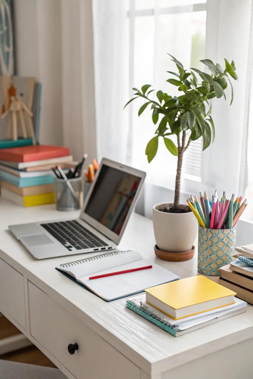 A small plant brings life to a home office.