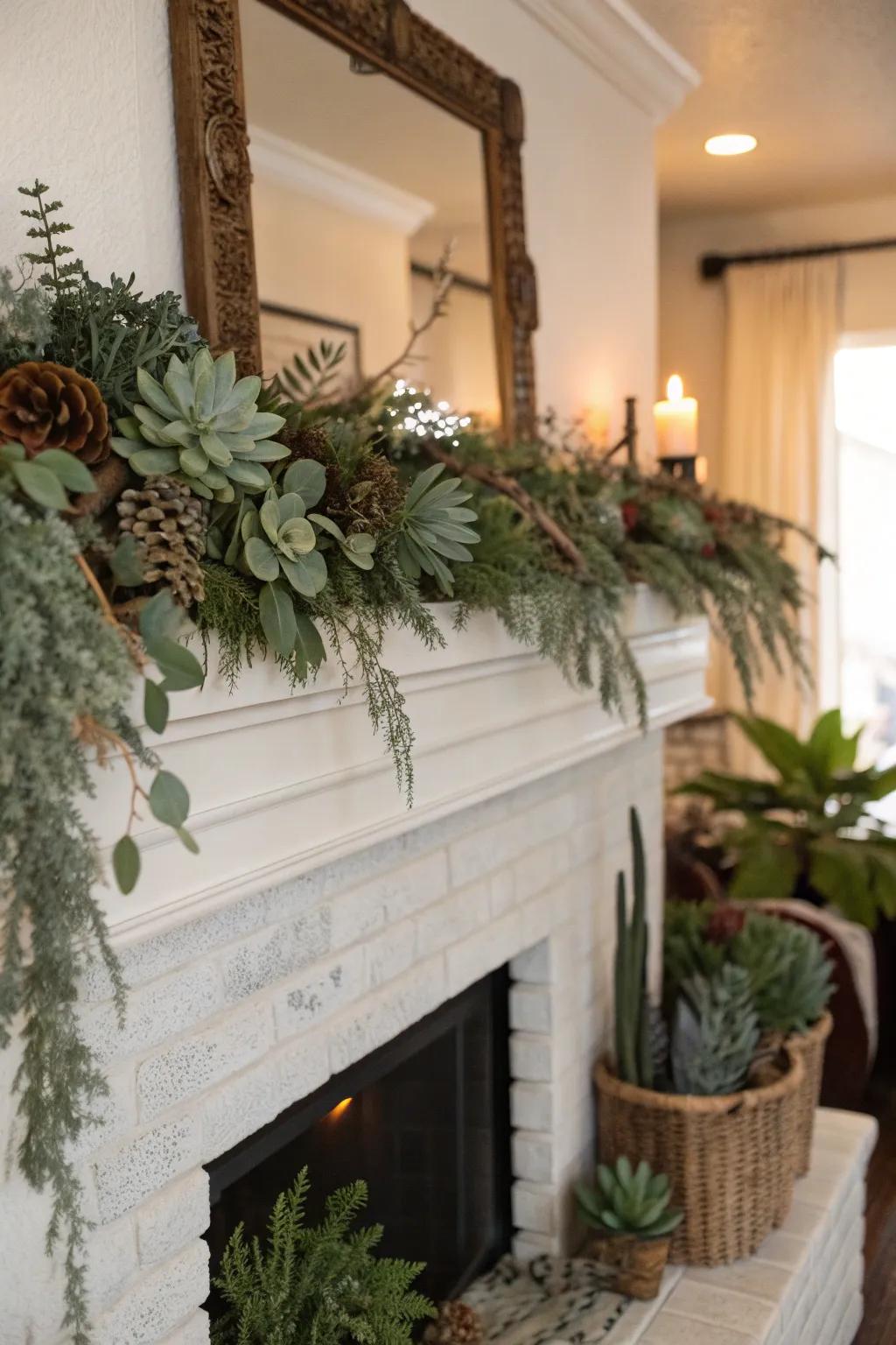 Seasonal plants bring life to a fireplace mantle.