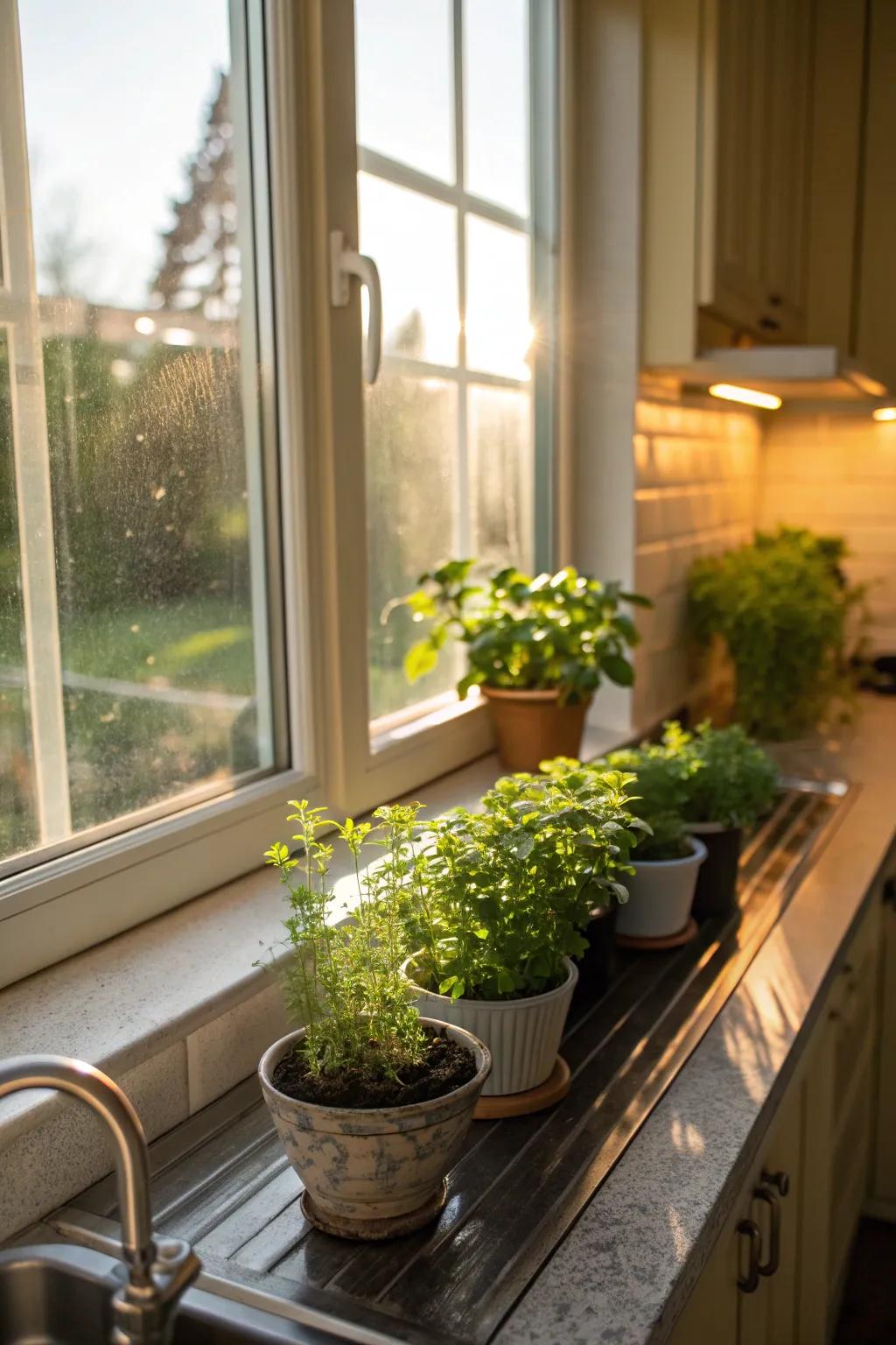 Herbs bring freshness and greenery to a kitchen window.