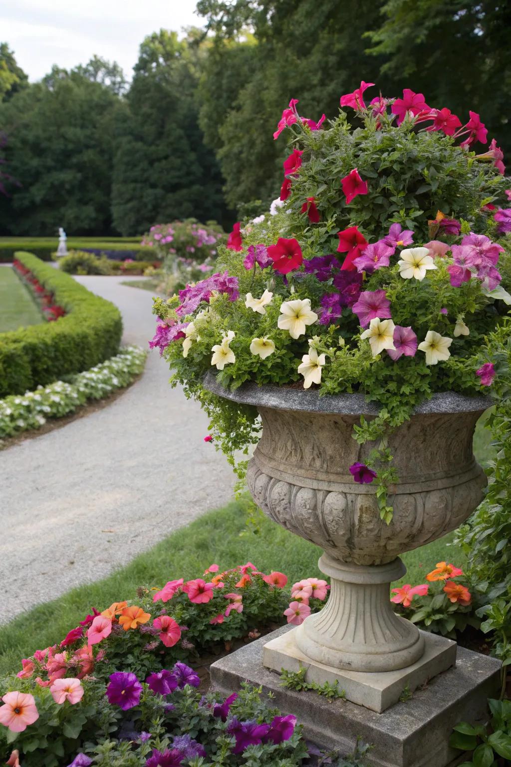 Petunias bring vibrant color to any garden urn.