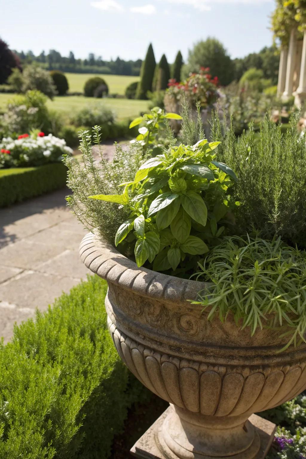 An herb-filled urn combines beauty and utility.