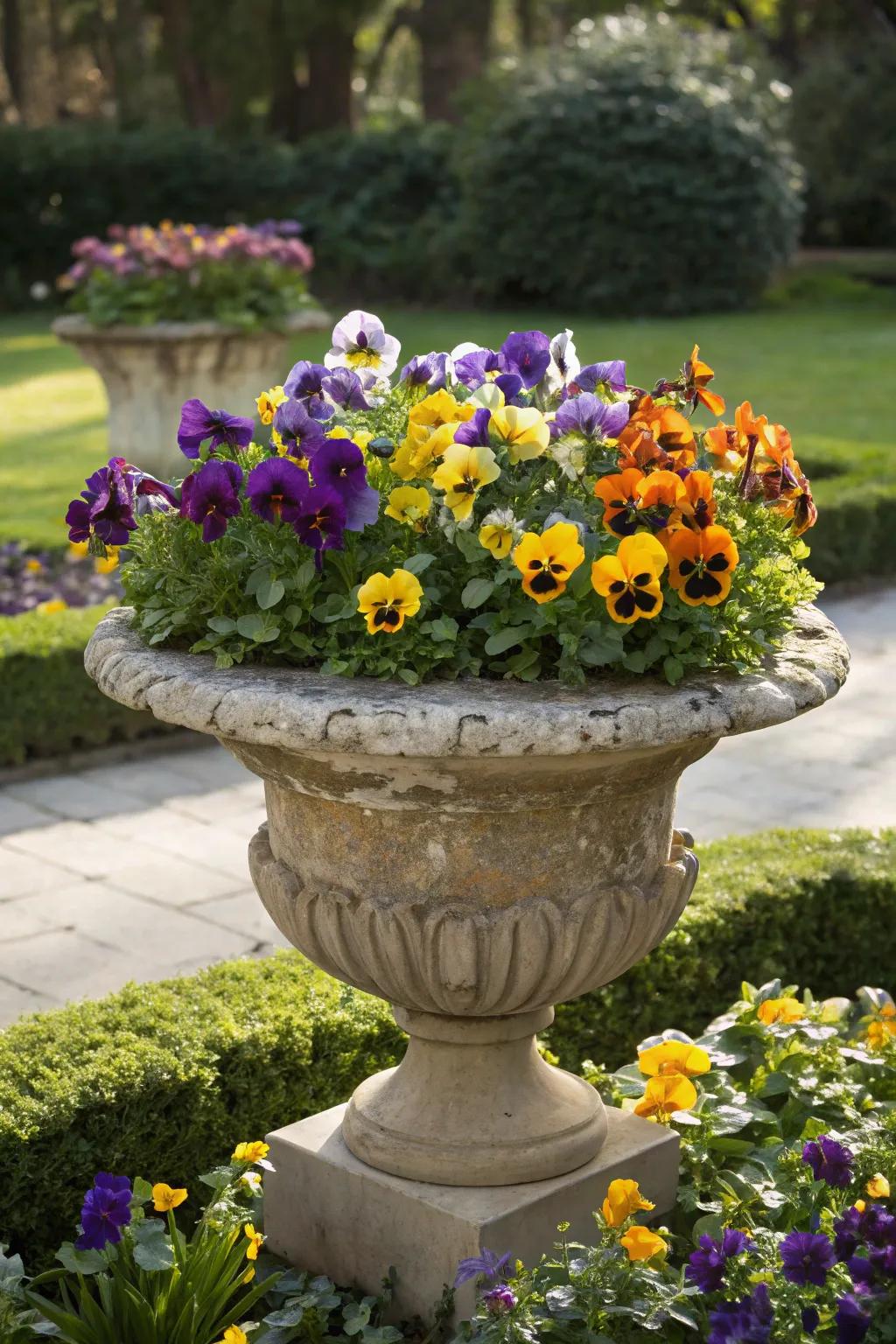 Pansies bring seasonal cheer to garden urns.