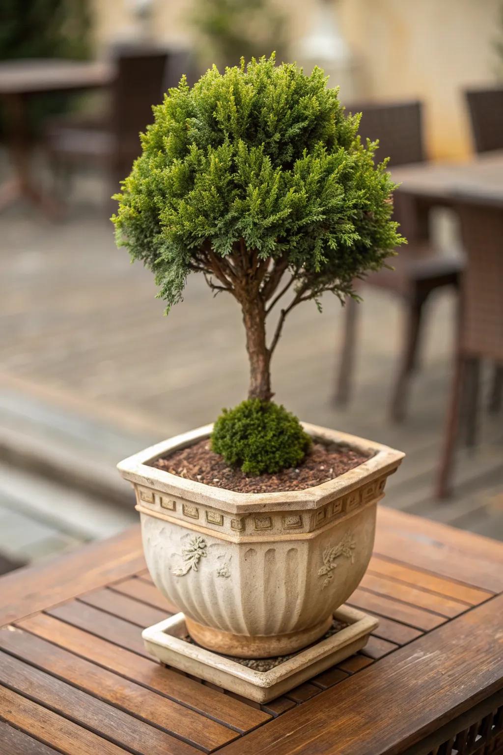 A dwarf conifer adds a stately presence to garden urns.
