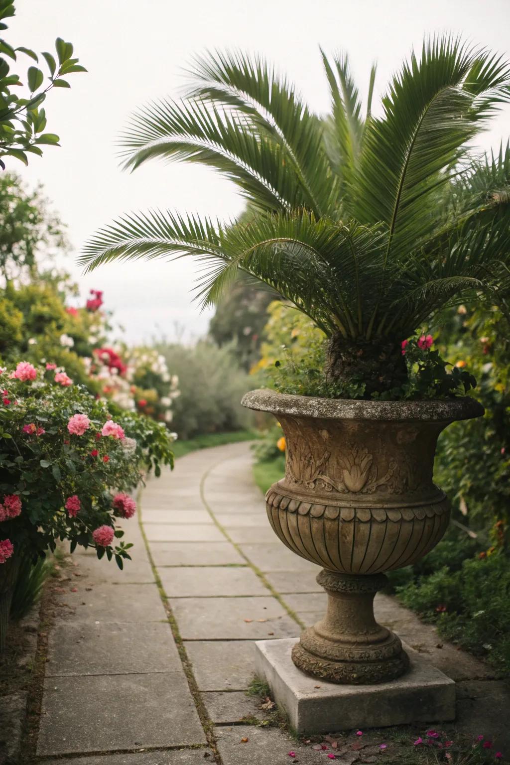 Palm plants bring a tropical touch to garden urns.