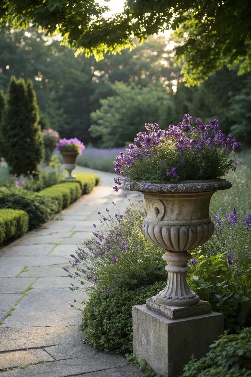 Lavender urns invite pollinators while adding a calming color.
