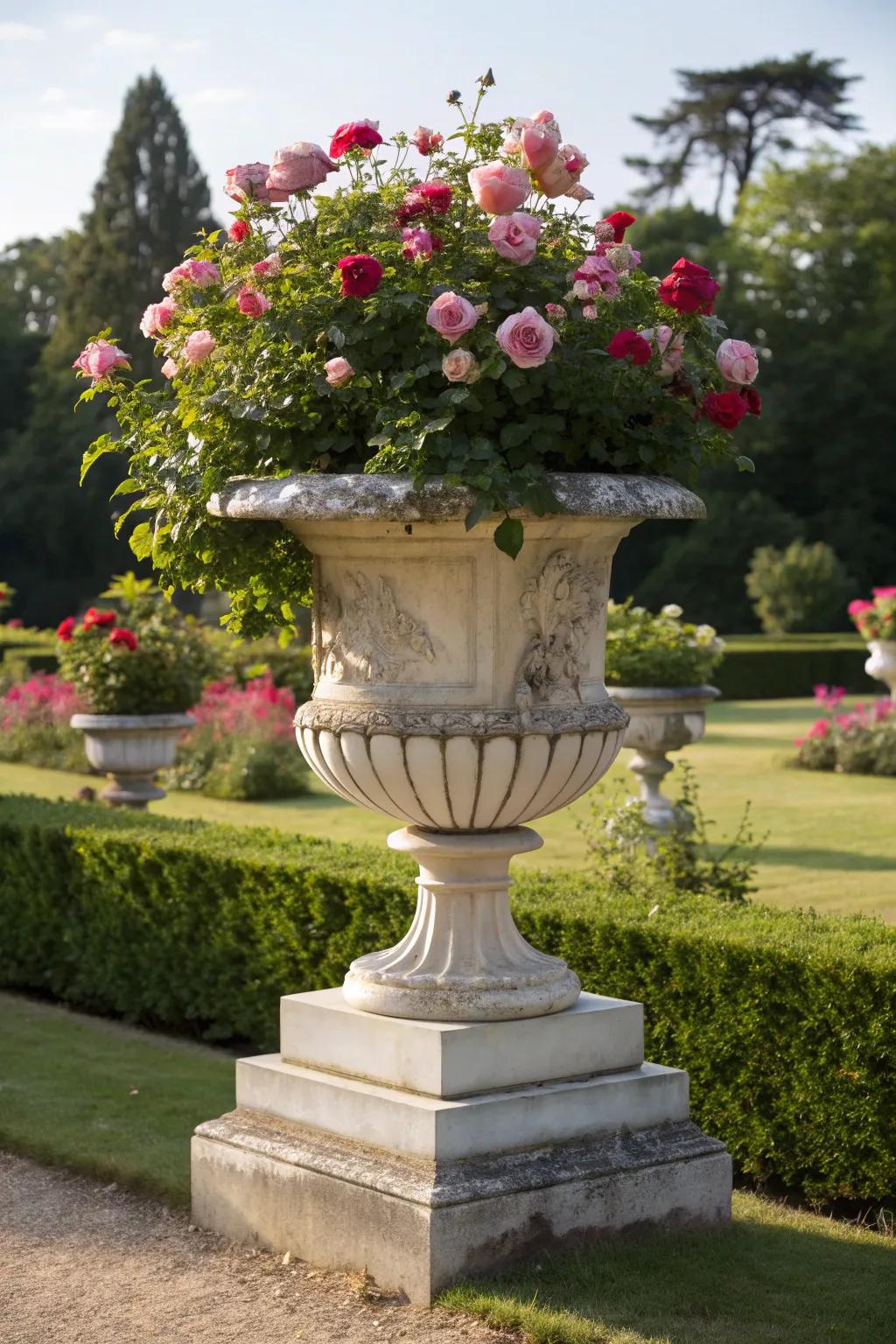 Roses bring timeless elegance to garden urns.