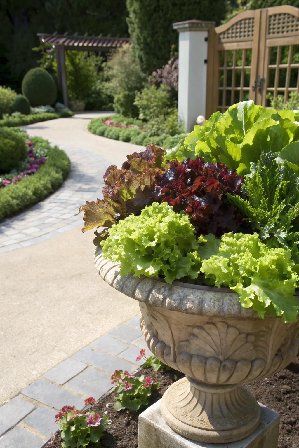 Lettuce urns offer fresh greens and decorative appeal.
