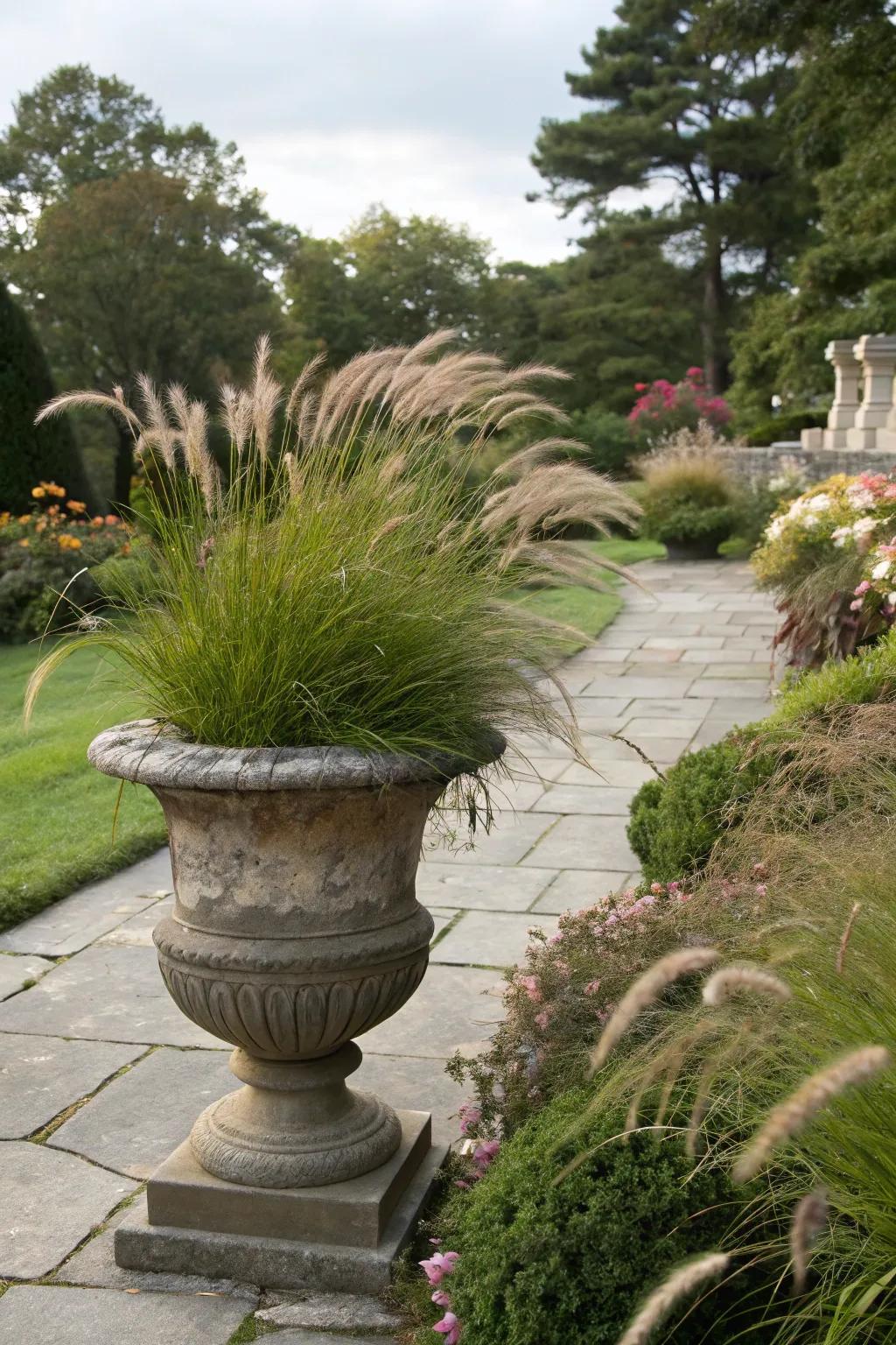 Ornamental grasses create artistic movement in garden urns.