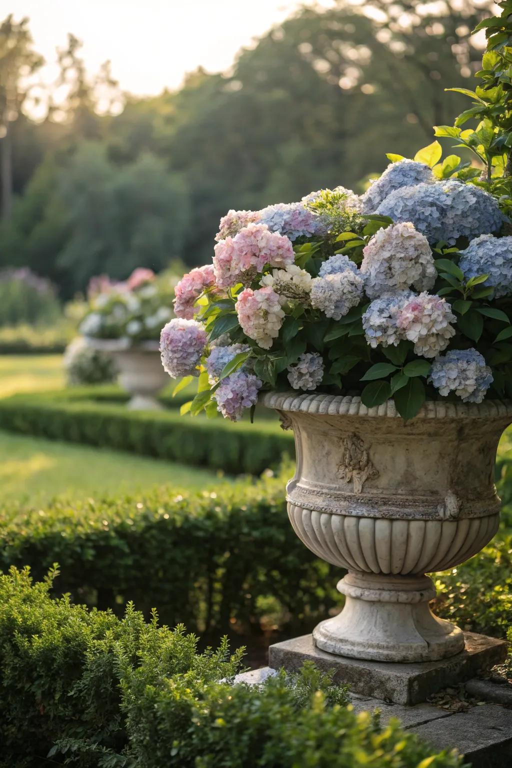 Hydrangeas bring cottage charm to garden urns.