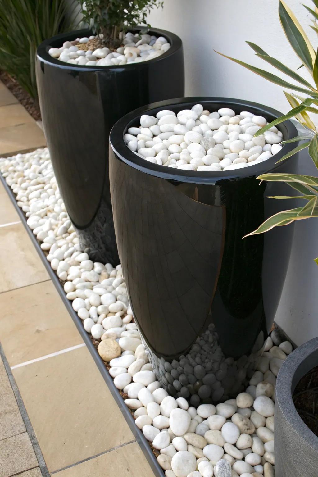 White pebbles enhance modern minimalism in garden urns.