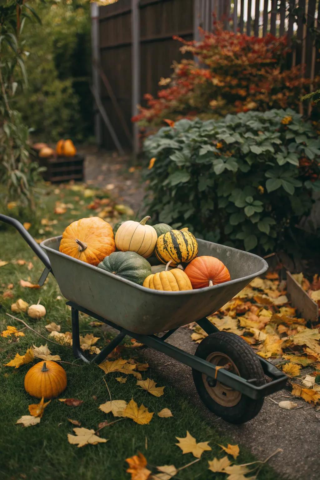 A wheelbarrow transformed into a pumpkin paradise with a colorful mix of pumpkins.