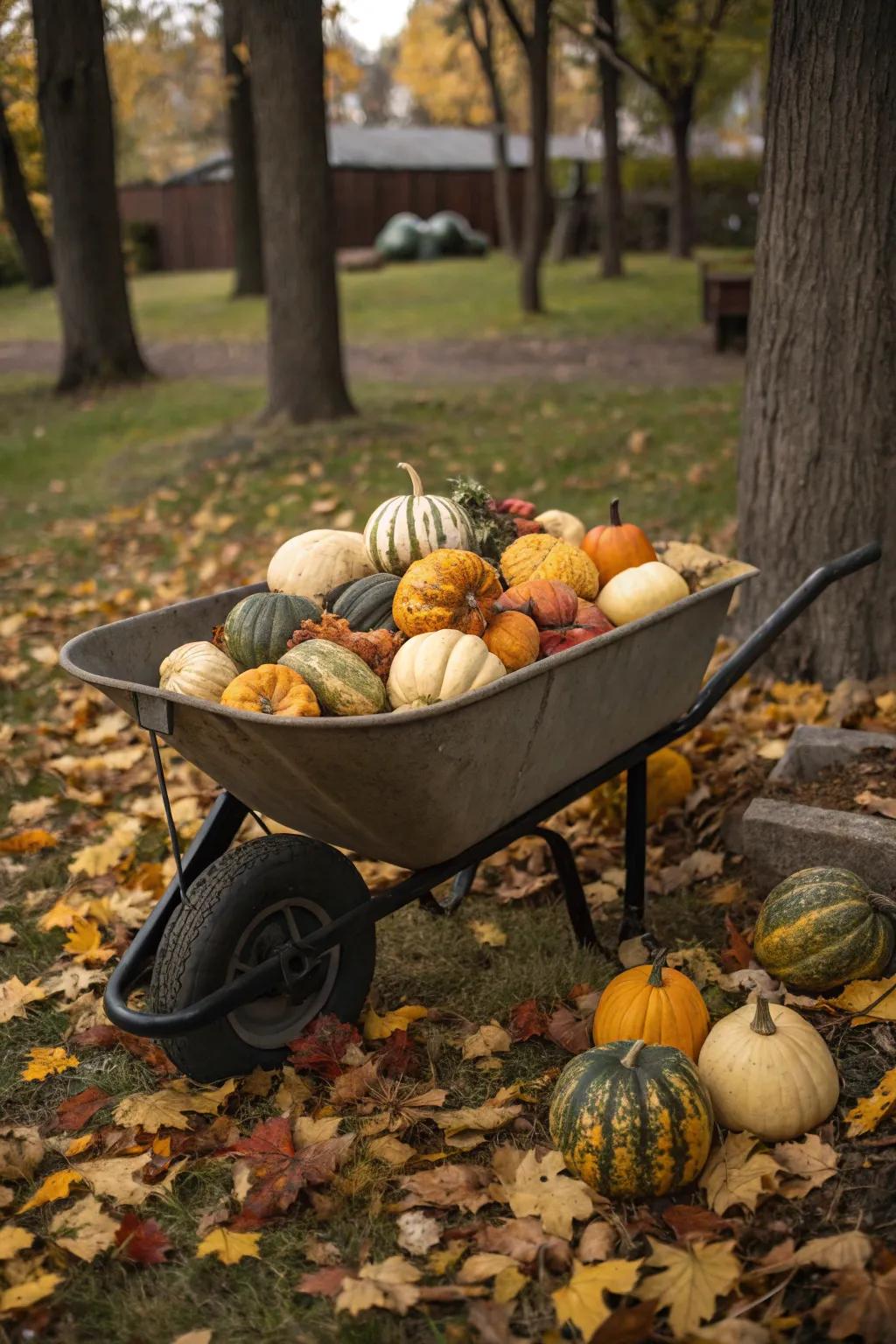 Gourds and squashes bring texture and fun to this wheelbarrow display.